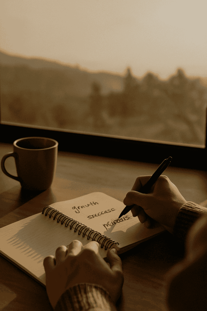 Persona escribiendo metas personales en un cuaderno junto a una taza de café, con paisaje inspirador al fondo, representando el proceso de coaching personalizado.
