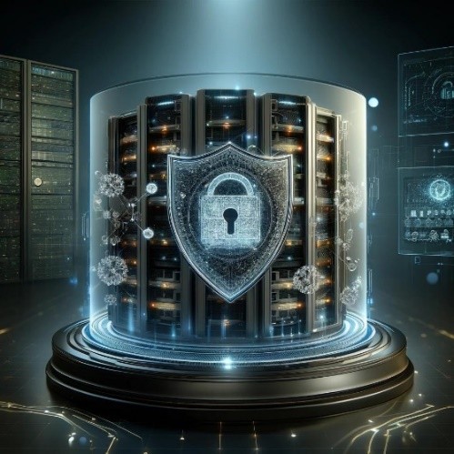 Servidor protegido por un escudo digital con candado, simbolizando la ciberseguridad en entornos de datos.