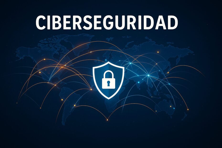 Mapa mundial con líneas de ciberataques y un escudo de seguridad en el centro, representación visual de la ciberseguridad global.