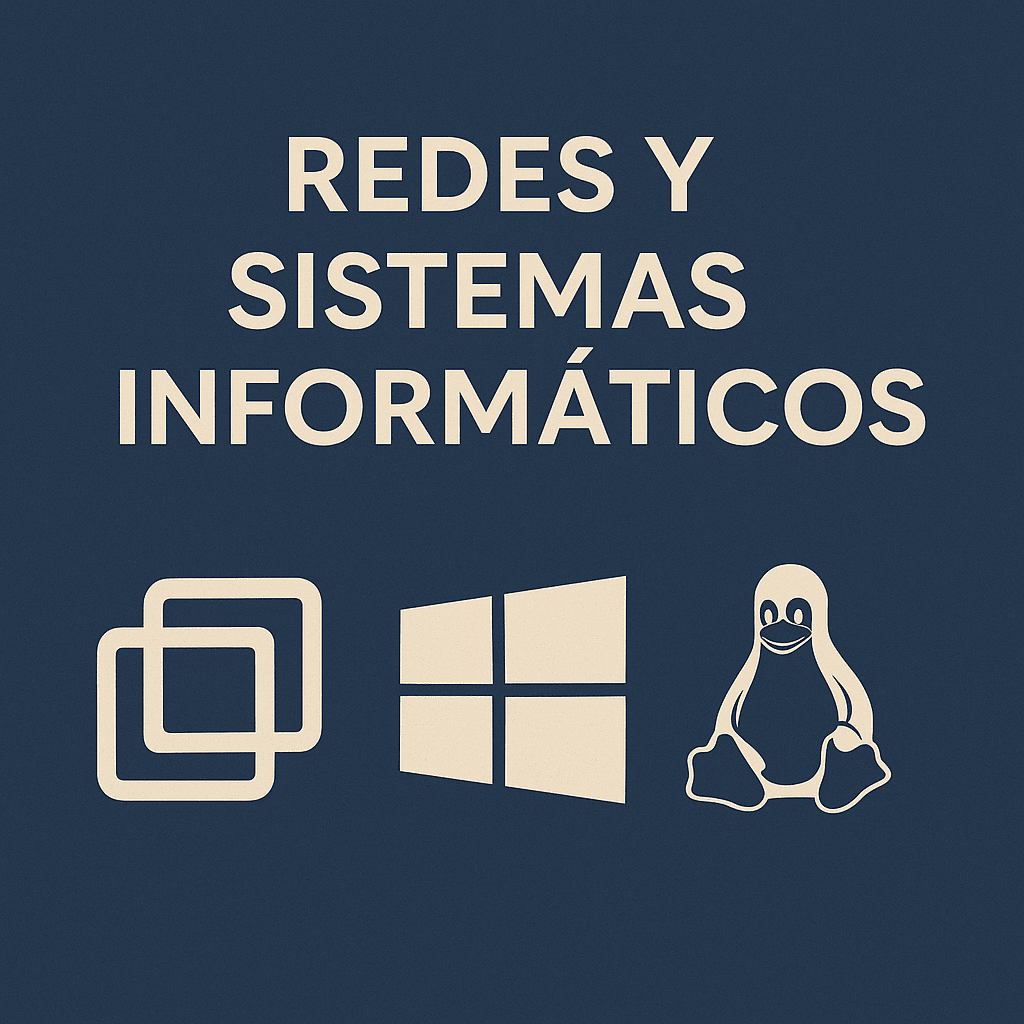 Portada de la subsección de artículos sobre redes y sistemas informáticos con iconos de máquinas virtuales, Windows y Linux.